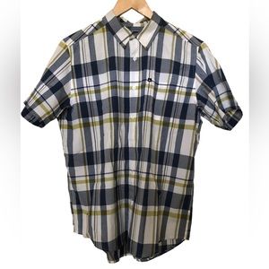 Quiksilver Blue, Green, and White Button Up Shirt Medium
